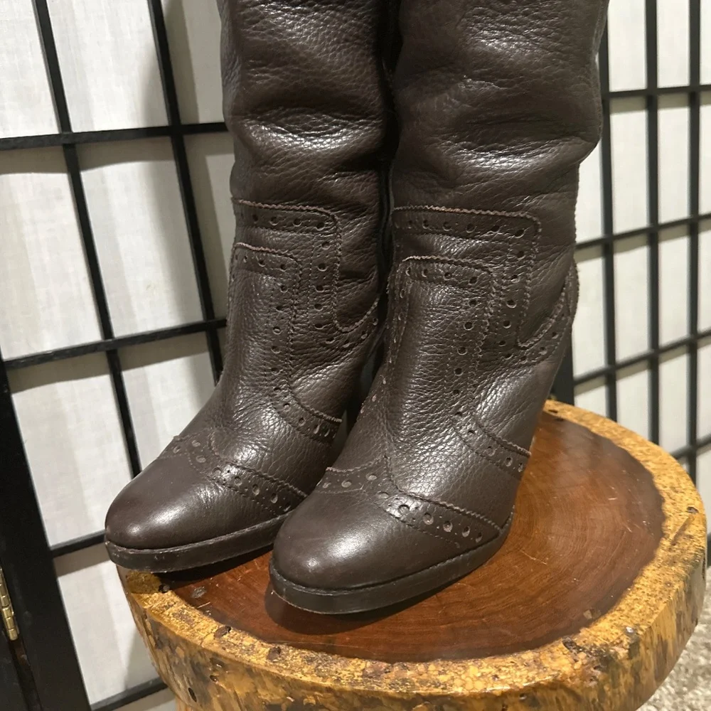 Michael Kors Penelope Dark Brown Leather Wingtip Knee Boot 7